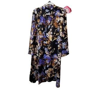 Roaman's Black Blue Floral‎ Print Long Sleeve Midi Dress Plus Size 20W New